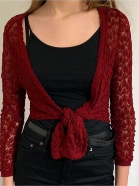 PrettyLittleThing Burgundy Tie-Front Open Knit Cardigan